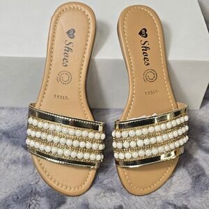 My Shoes Slide Sandals Gold Faux Pearl Rhinestone Embellished 30340 roughly 6.5